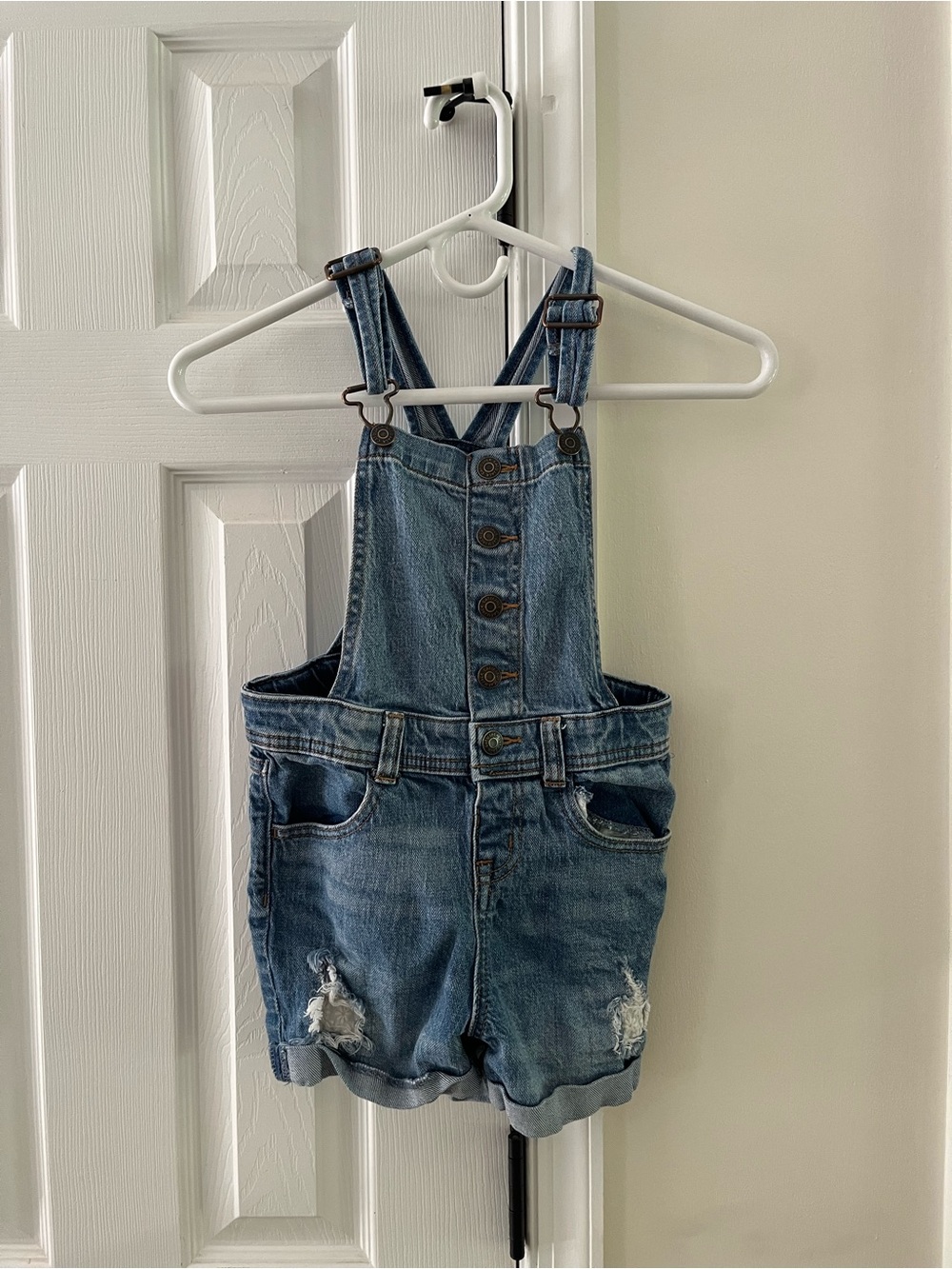 Girls Denim Short Overalls - Blue Distressed